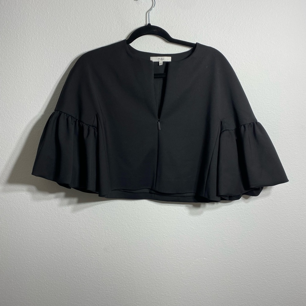 Tibi Agathe Zip Front Balloon Sleeve Cropped Top, Black - Picture 6 of 11